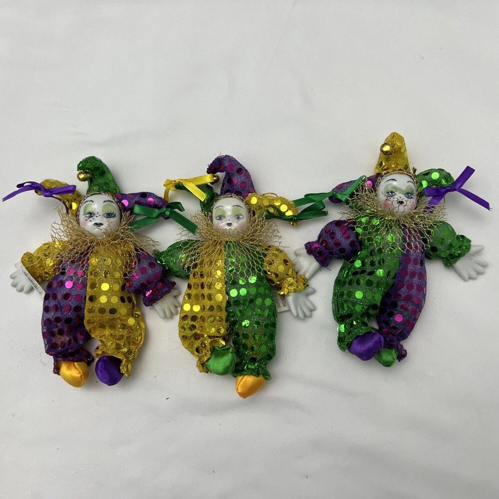 3 Vintage Porcelain Jester clown doll Mardi Gras Sequin Purple Green & Gold 8"